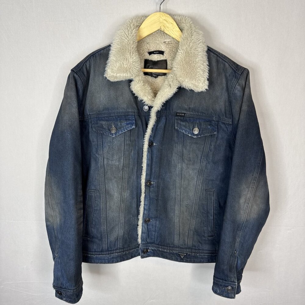 Guess Sherpa Lined‎ Denim Jacket Men Large Blue Trucker Faux Shearling Dillon